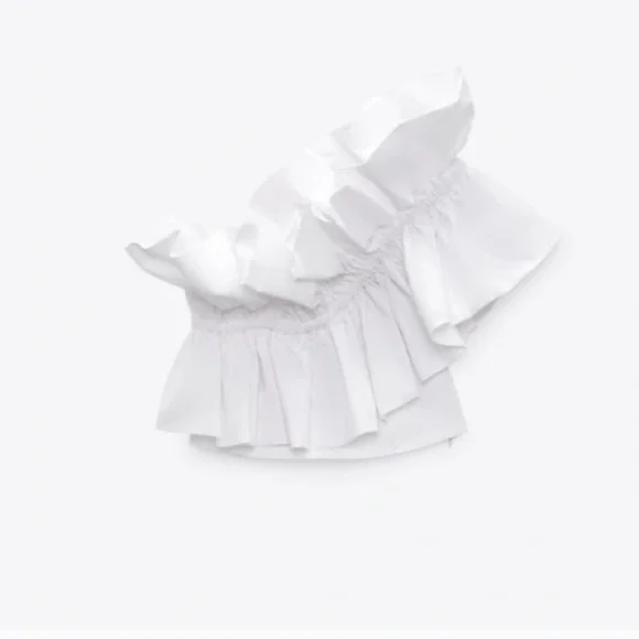 NWT Zara Blogger Fav Asymmetrical One Shoulder Poplin Ruffle Top White - Picture 9 of 16